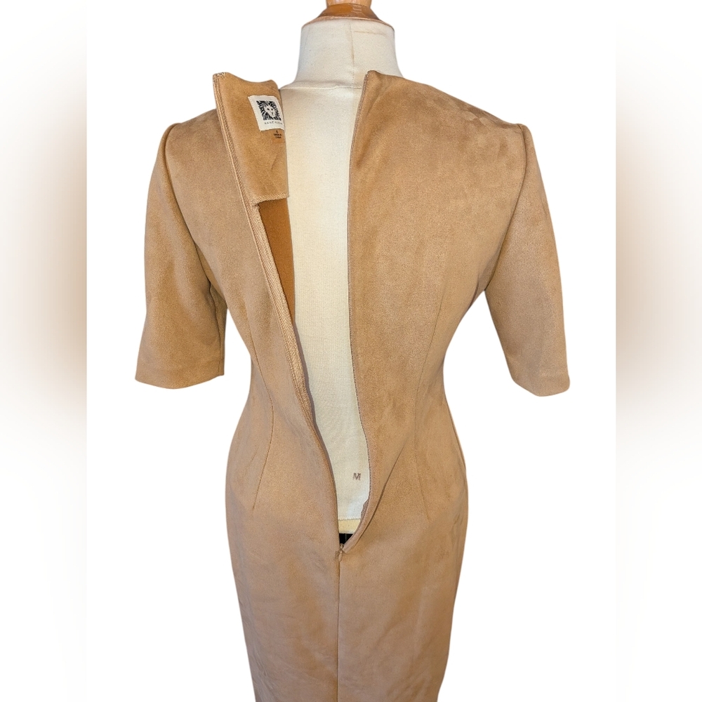 Anne Klein Tan Faux Suede 3/4 Sleeve Midi Dress Size 6 Like New - Picture 2 of 9